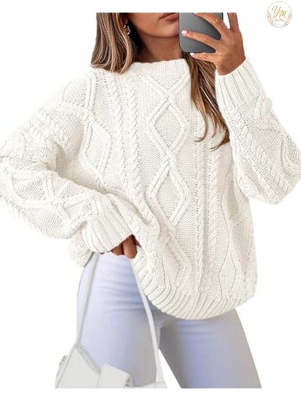 Women's Chunky Cable Knit Crew Neck Pullover Sweater Loose Fit